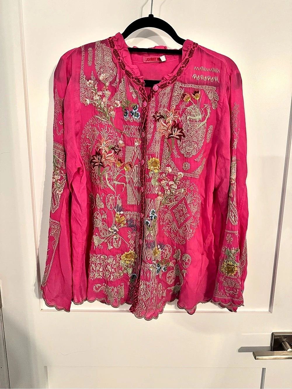 NWOT New Johnny Was Albee Top Embroidered Floral Blouse in Pink Large Boho